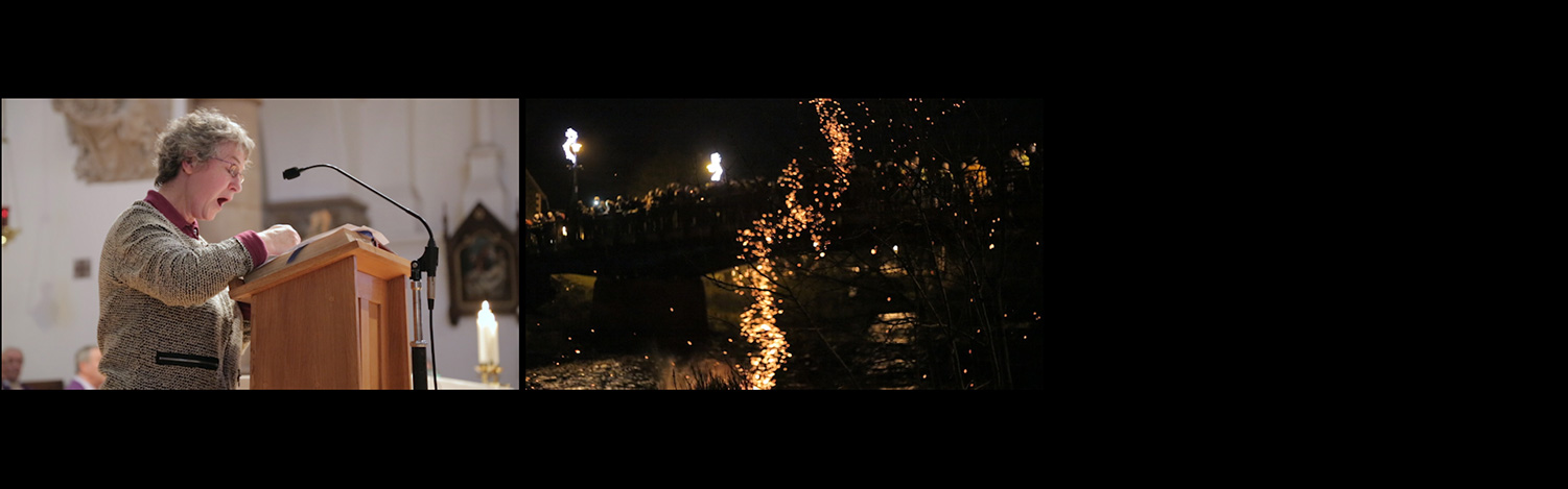 The Clock in Commune, video still triptych, woman singing and torches being thrown in river