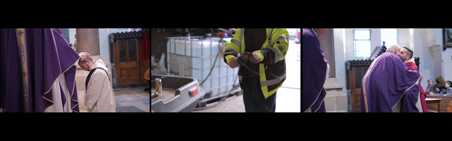 The Clock in Commune, video still triptych, man winding wire and ordination
